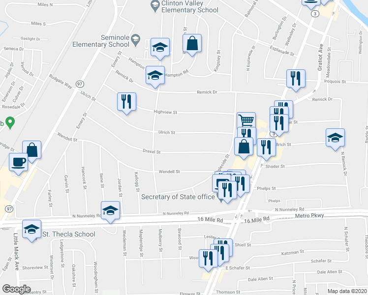 map of restaurants, bars, coffee shops, grocery stores, and more near 21937 Drexel Street in Clinton Township