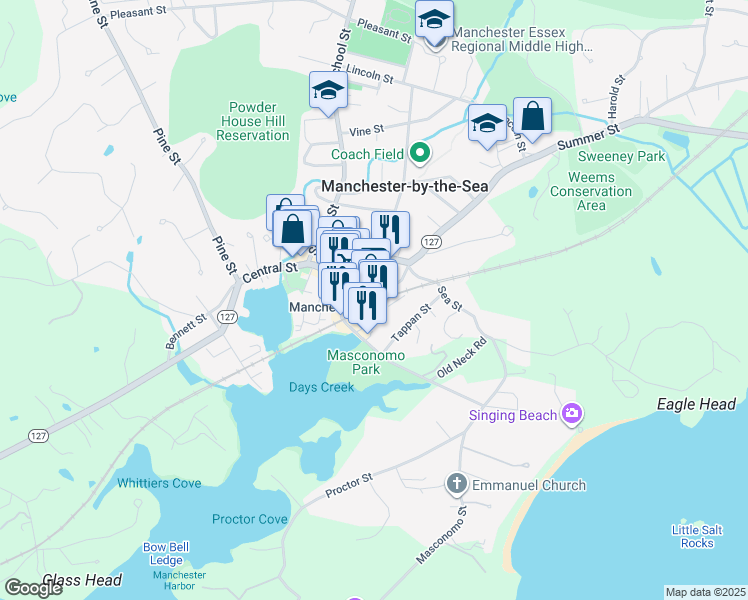map of restaurants, bars, coffee shops, grocery stores, and more near 9 Summer Street in Manchester-by-the-Sea