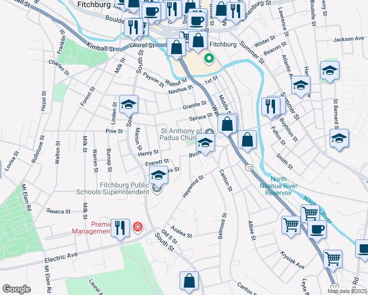 map of restaurants, bars, coffee shops, grocery stores, and more near 56 Beekman Street in Fitchburg