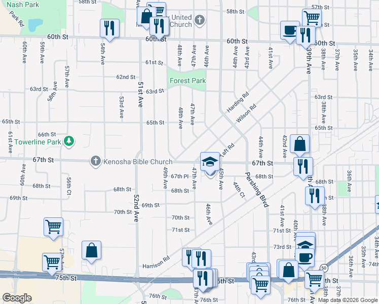 map of restaurants, bars, coffee shops, grocery stores, and more near 4725 Harding Road in Kenosha