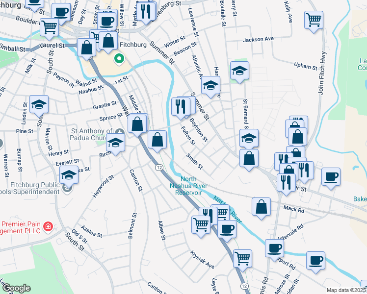 map of restaurants, bars, coffee shops, grocery stores, and more near 11 Doane Street in Fitchburg