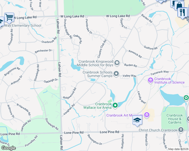 map of restaurants, bars, coffee shops, grocery stores, and more near 931 Vaughan Road in Bloomfield Hills