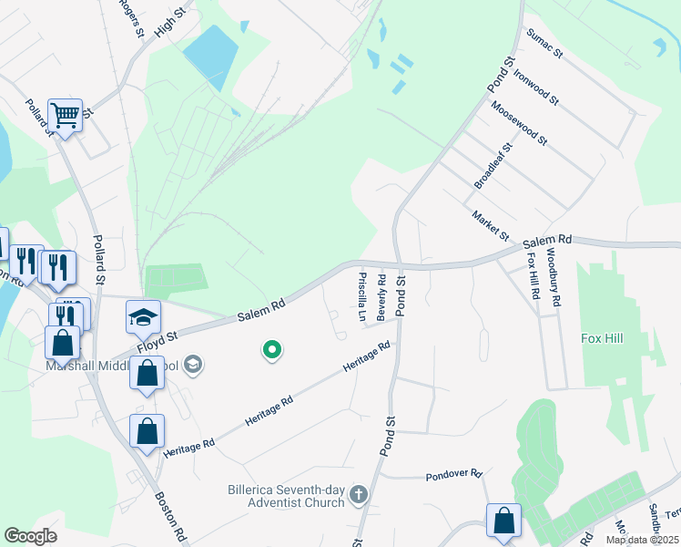 map of restaurants, bars, coffee shops, grocery stores, and more near 87 Salem Road in Billerica