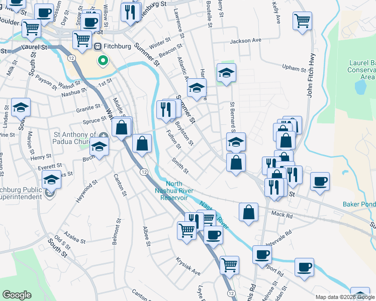 map of restaurants, bars, coffee shops, grocery stores, and more near 32 Fulton Street in Fitchburg