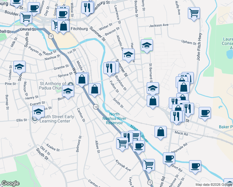 map of restaurants, bars, coffee shops, grocery stores, and more near 32 Fulton Street in Fitchburg