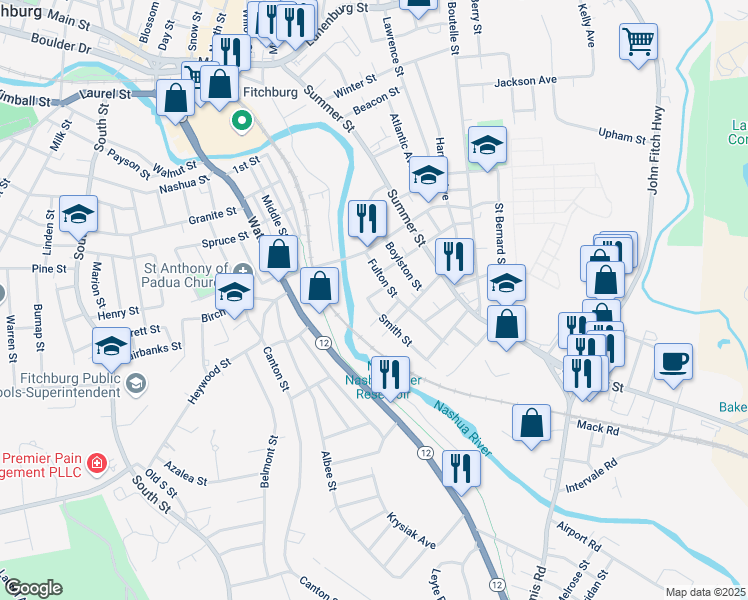 map of restaurants, bars, coffee shops, grocery stores, and more near 11 Doane Street in Fitchburg
