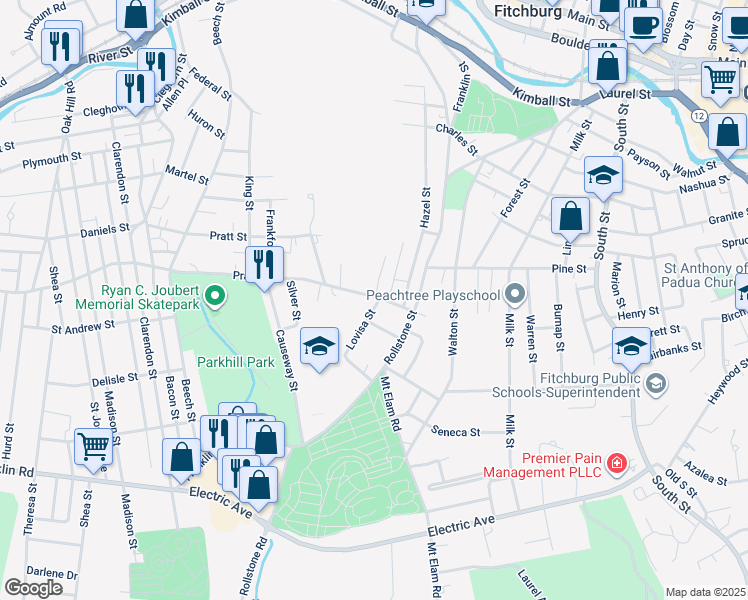 map of restaurants, bars, coffee shops, grocery stores, and more near 61 Pratt Road in Fitchburg