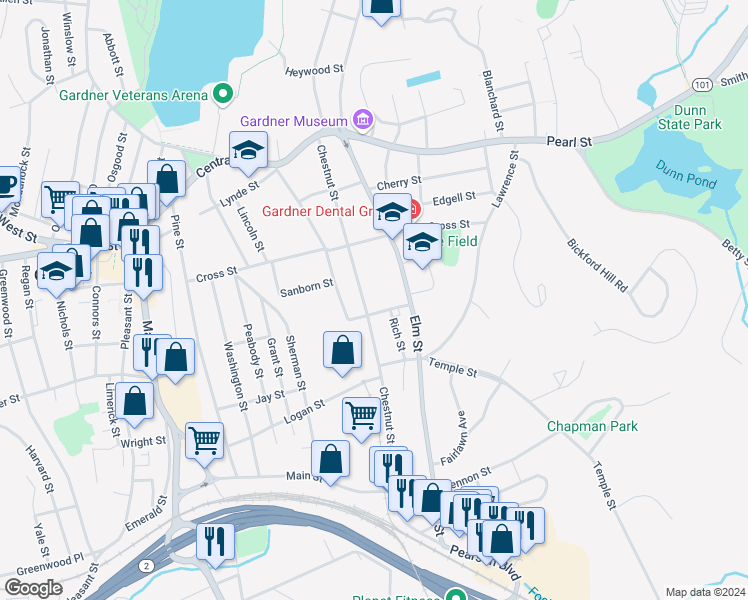 map of restaurants, bars, coffee shops, grocery stores, and more near 196 Chestnut Street in Gardner