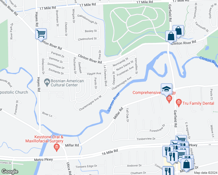 map of restaurants, bars, coffee shops, grocery stores, and more near in Macomb County