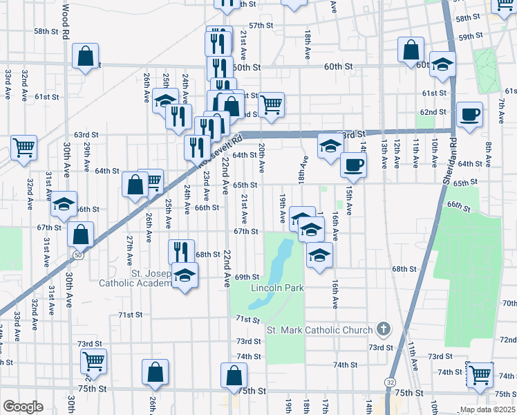 map of restaurants, bars, coffee shops, grocery stores, and more near 6525 21st Avenue in Kenosha