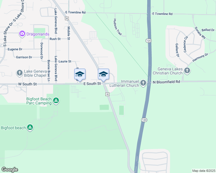 map of restaurants, bars, coffee shops, grocery stores, and more near W2377 North Bloomfield Road in Lake Geneva
