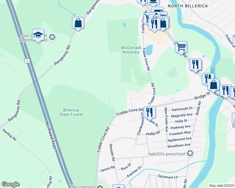 map of restaurants, bars, coffee shops, grocery stores, and more near 111 Winning Rd in Billerica