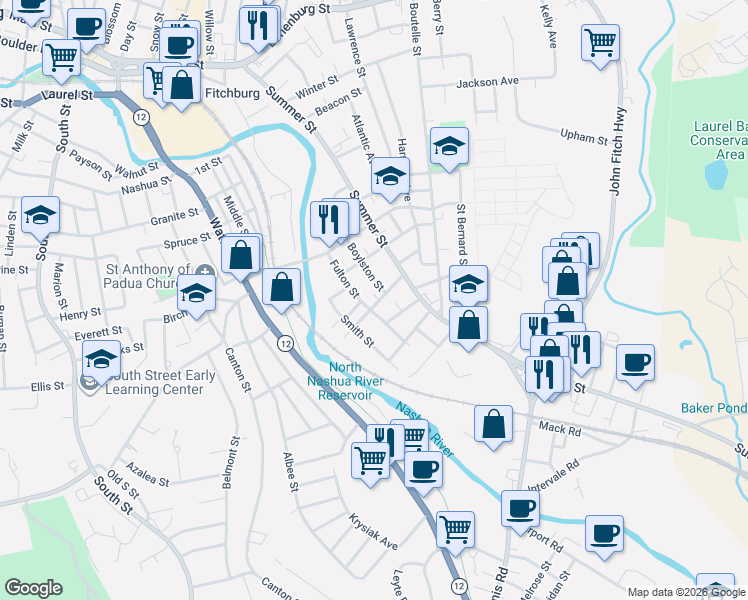 map of restaurants, bars, coffee shops, grocery stores, and more near 32 Fulton Street in Fitchburg