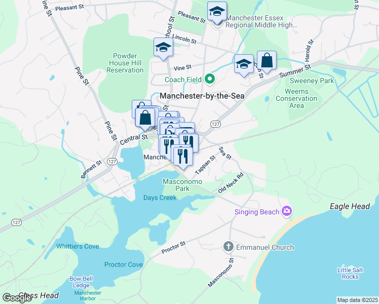 map of restaurants, bars, coffee shops, grocery stores, and more near 11 Summer Street in Manchester-by-the-Sea