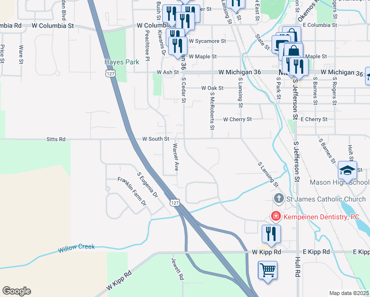 map of restaurants, bars, coffee shops, grocery stores, and more near 940 South Cedar Street in Mason