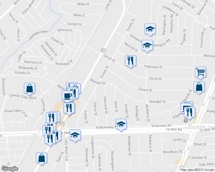 map of restaurants, bars, coffee shops, grocery stores, and more near 37394 Hancock Street in Clinton Township