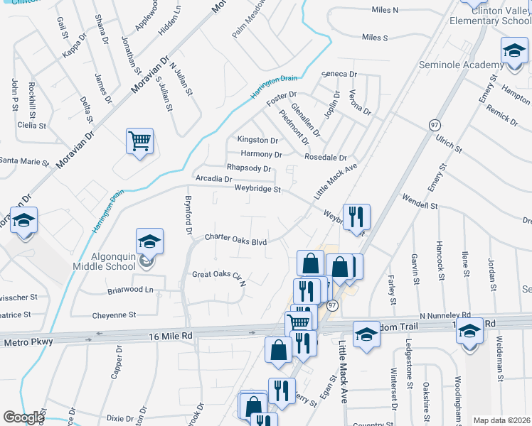 map of restaurants, bars, coffee shops, grocery stores, and more near 37515 Charter Oaks Boulevard in Macomb County