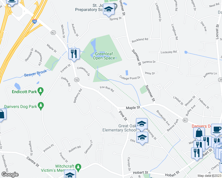 map of restaurants, bars, coffee shops, grocery stores, and more near 7 Fox Run Road in Danvers