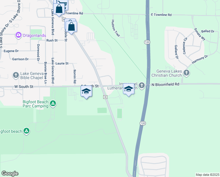 map of restaurants, bars, coffee shops, grocery stores, and more near W2377 North Bloomfield Road in Lake Geneva