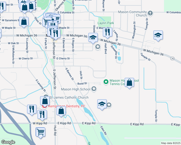 map of restaurants, bars, coffee shops, grocery stores, and more near 500 Vanderveen Dr in Mason