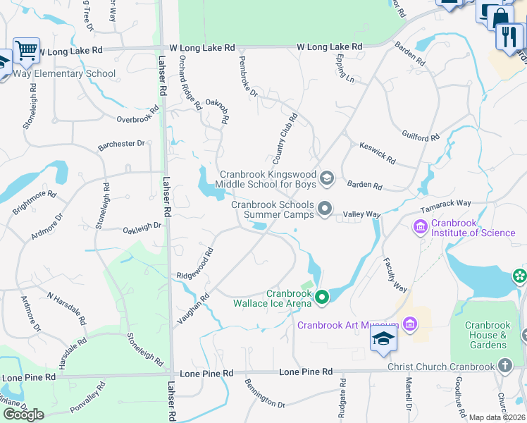 map of restaurants, bars, coffee shops, grocery stores, and more near 931 Vaughan Road in Bloomfield Hills