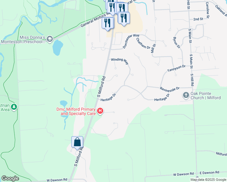 map of restaurants, bars, coffee shops, grocery stores, and more near 664 Heritage Drive in Milford