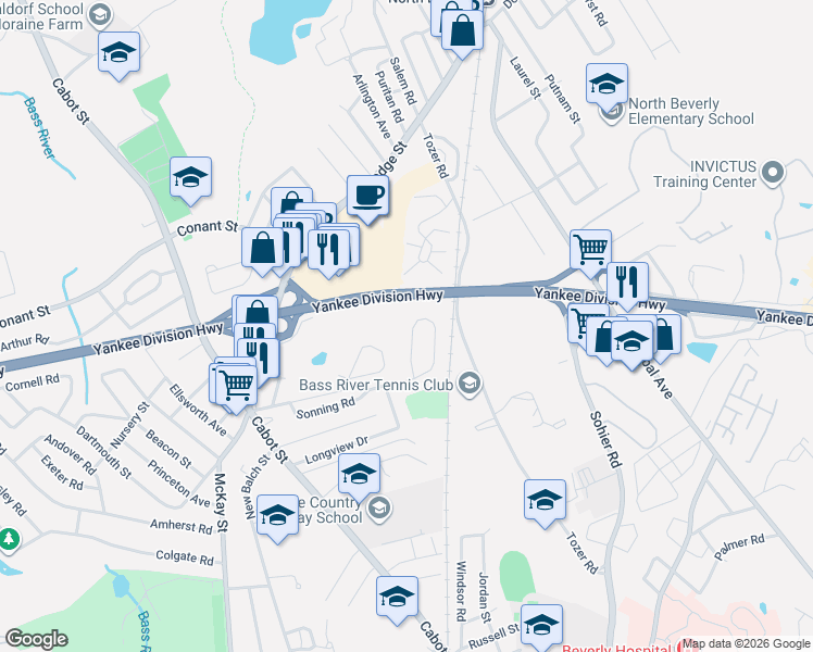 map of restaurants, bars, coffee shops, grocery stores, and more near 55 Sonning Road in Beverly