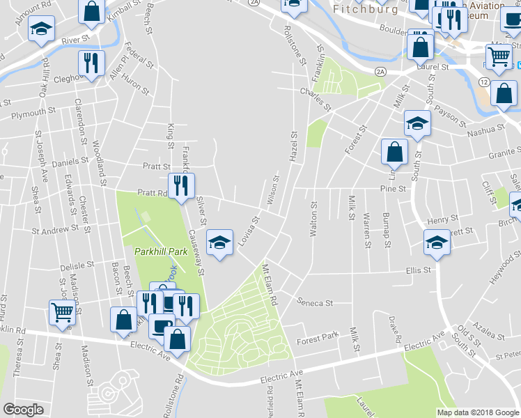 map of restaurants, bars, coffee shops, grocery stores, and more near 61 Pratt Road in Fitchburg