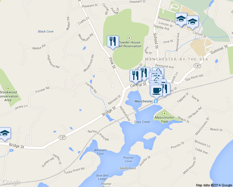 map of restaurants, bars, coffee shops, grocery stores, and more near 11 Bennett Street in Manchester-by-the-Sea