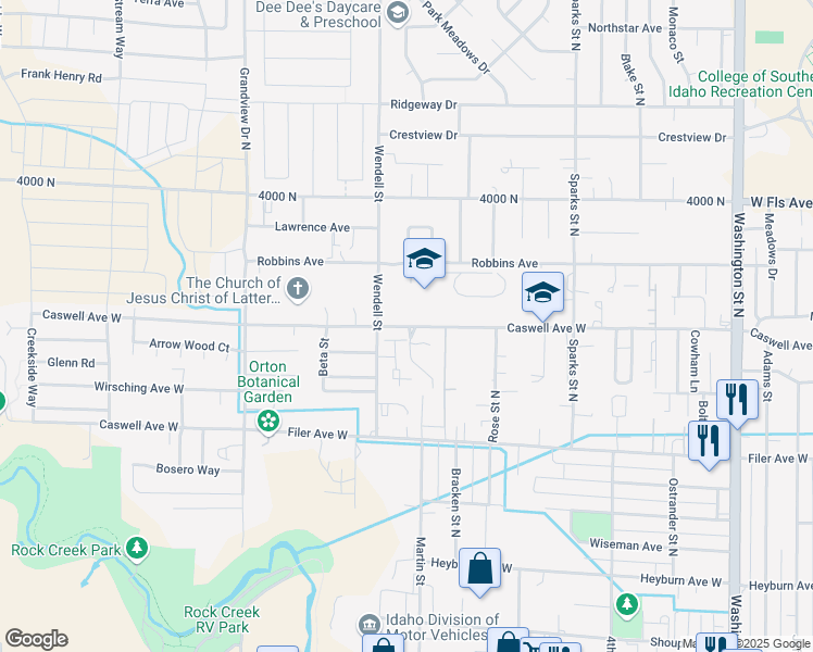 map of restaurants, bars, coffee shops, grocery stores, and more near 644 Caswell Avenue West in Twin Falls