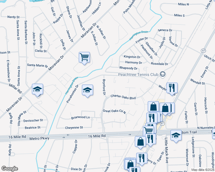 map of restaurants, bars, coffee shops, grocery stores, and more near 37096 Brynford Drive in Clinton Township