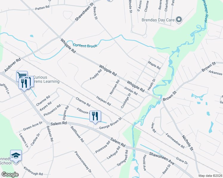 map of restaurants, bars, coffee shops, grocery stores, and more near 11 Norman Road in Billerica