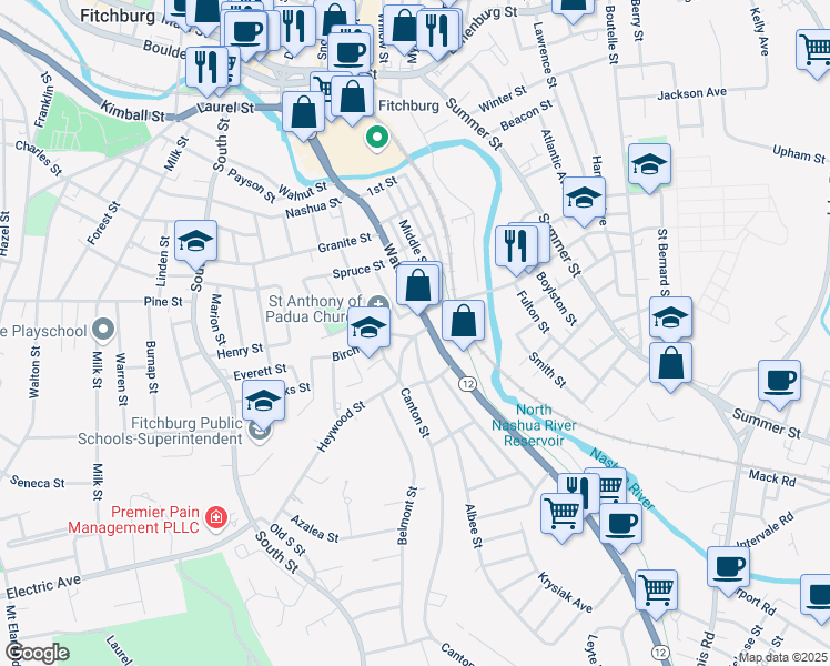 map of restaurants, bars, coffee shops, grocery stores, and more near 32 Birch Street in Fitchburg