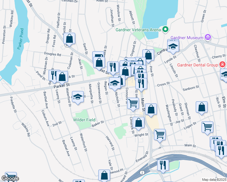 map of restaurants, bars, coffee shops, grocery stores, and more near in Gardner