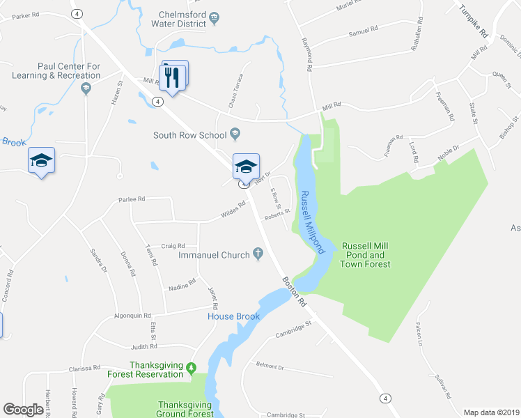 map of restaurants, bars, coffee shops, grocery stores, and more near 280 Boston Road in Chelmsford