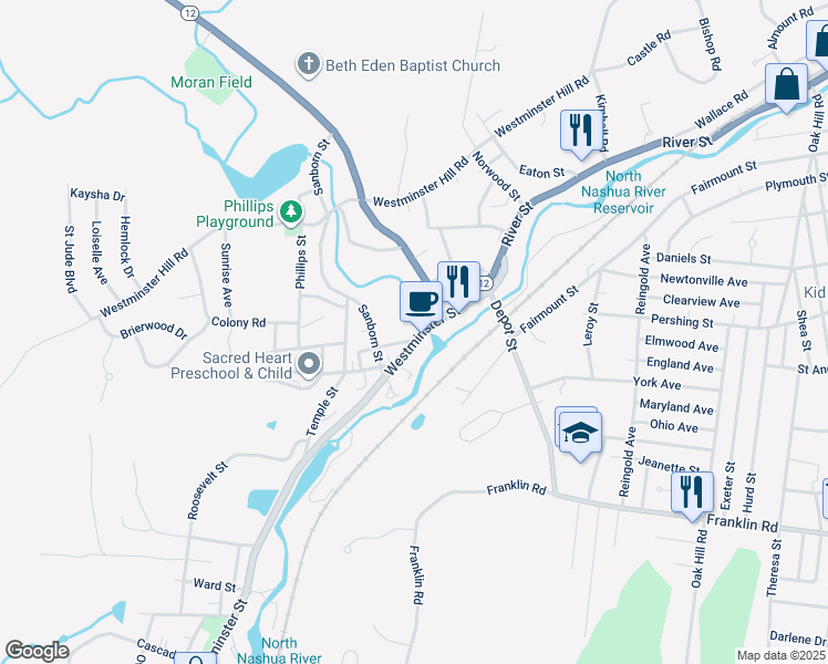 map of restaurants, bars, coffee shops, grocery stores, and more near 1 Simonds Road in Fitchburg