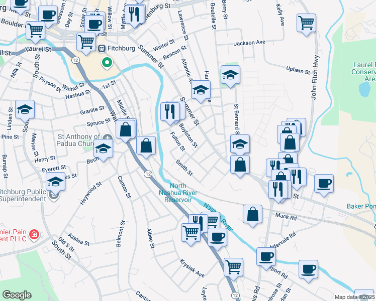 map of restaurants, bars, coffee shops, grocery stores, and more near 32 Fulton Street in Fitchburg