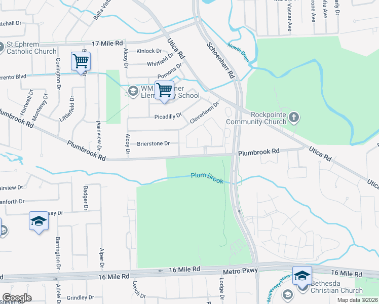 map of restaurants, bars, coffee shops, grocery stores, and more near 13307 Plumbrook Road in Sterling Heights