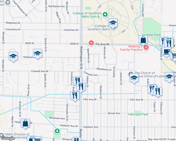 map of restaurants, bars, coffee shops, grocery stores, and more near 150 Meadows Lane in Twin Falls