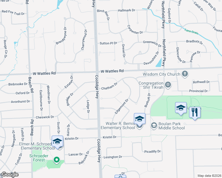 map of restaurants, bars, coffee shops, grocery stores, and more near 1915 Chatham Drive in Troy