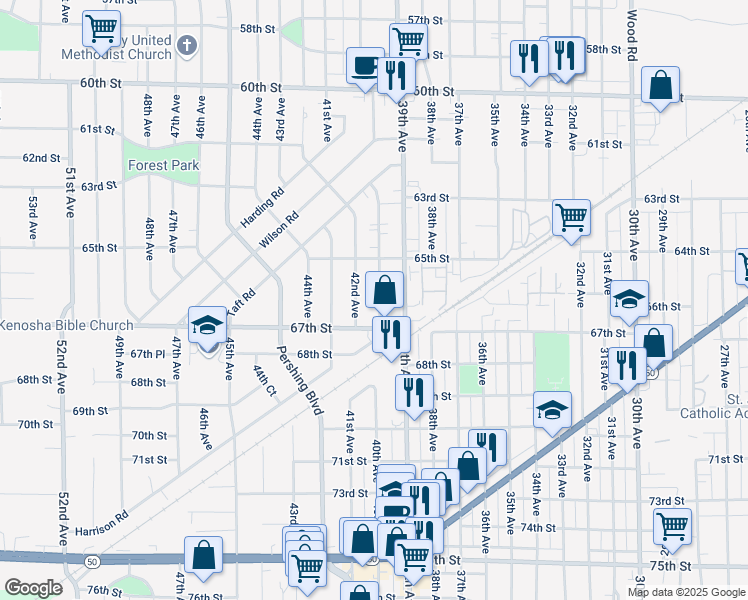 map of restaurants, bars, coffee shops, grocery stores, and more near 6544 40th Avenue in Kenosha