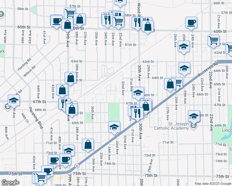 map of restaurants, bars, coffee shops, grocery stores, and more near 6603 33rd Avenue in Kenosha