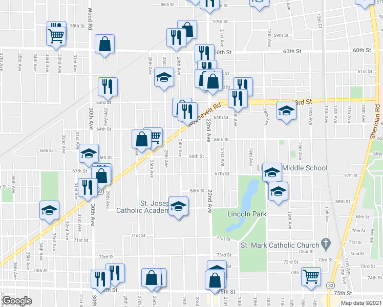 map of restaurants, bars, coffee shops, grocery stores, and more near 6526 23rd Ave in Kenosha