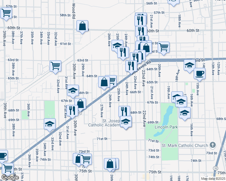 map of restaurants, bars, coffee shops, grocery stores, and more near 2525 Roosevelt Rd in Kenosha