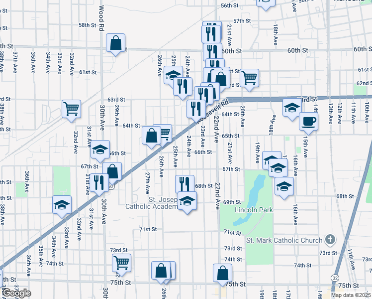 map of restaurants, bars, coffee shops, grocery stores, and more near 6526 24th Avenue in Kenosha