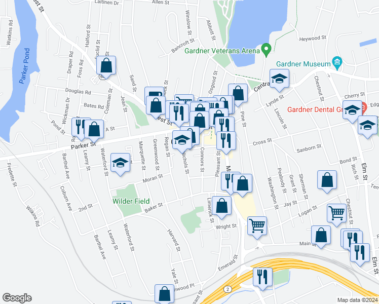 map of restaurants, bars, coffee shops, grocery stores, and more near 76 City Hall Avenue in Gardner