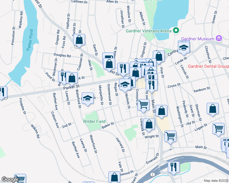 map of restaurants, bars, coffee shops, grocery stores, and more near 24 Greenwood Street in Gardner