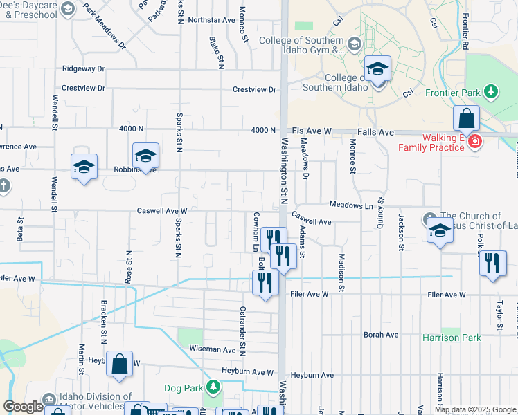 map of restaurants, bars, coffee shops, grocery stores, and more near 166 Caswell Avenue West in Twin Falls