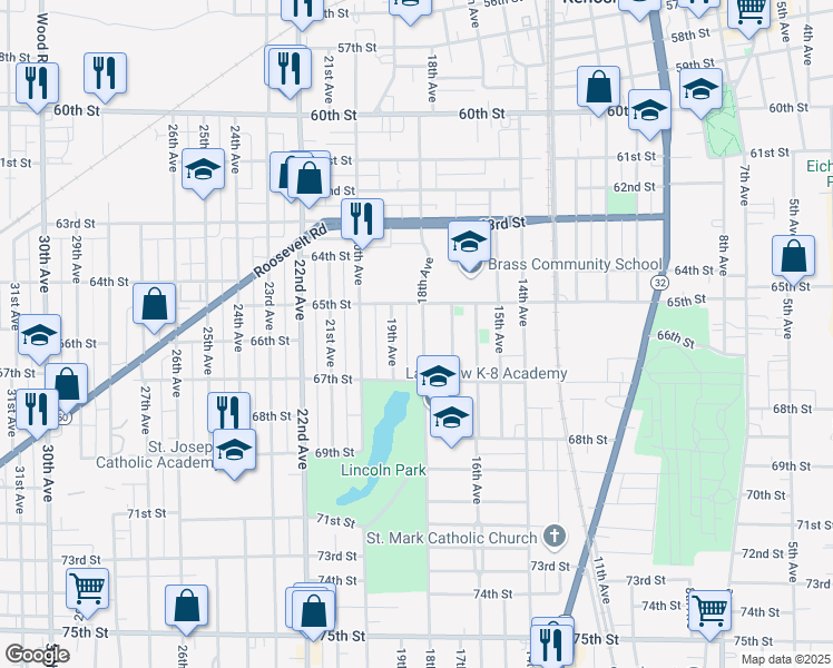 map of restaurants, bars, coffee shops, grocery stores, and more near 6526 18th Avenue in Kenosha