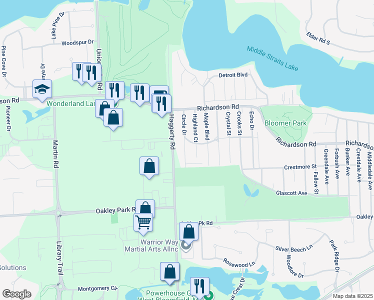 map of restaurants, bars, coffee shops, grocery stores, and more near 4245 Pleasant Court in Oakland County